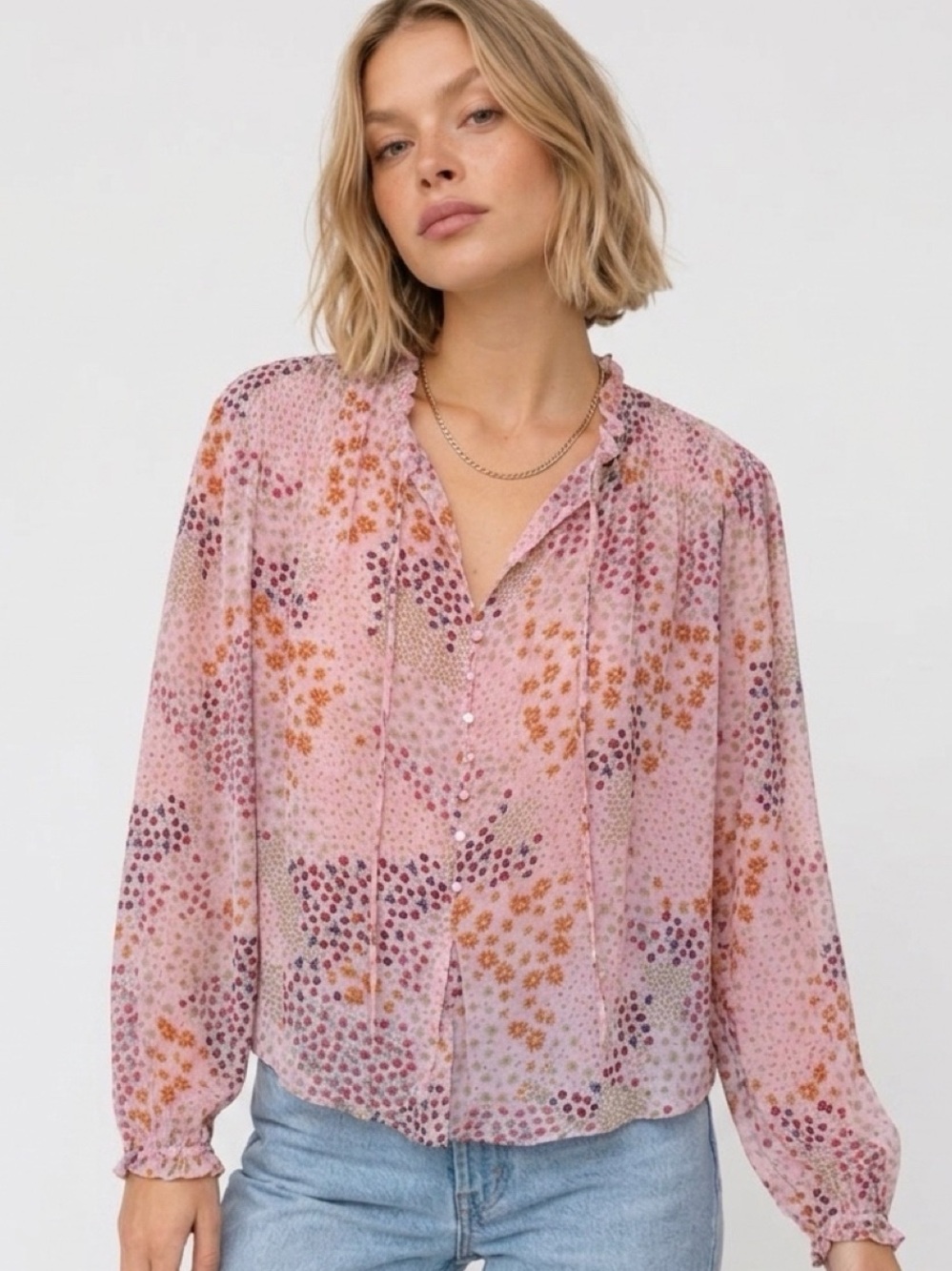 cooper & ella Pink Mixed Floral Ruffle-Neck Blouse